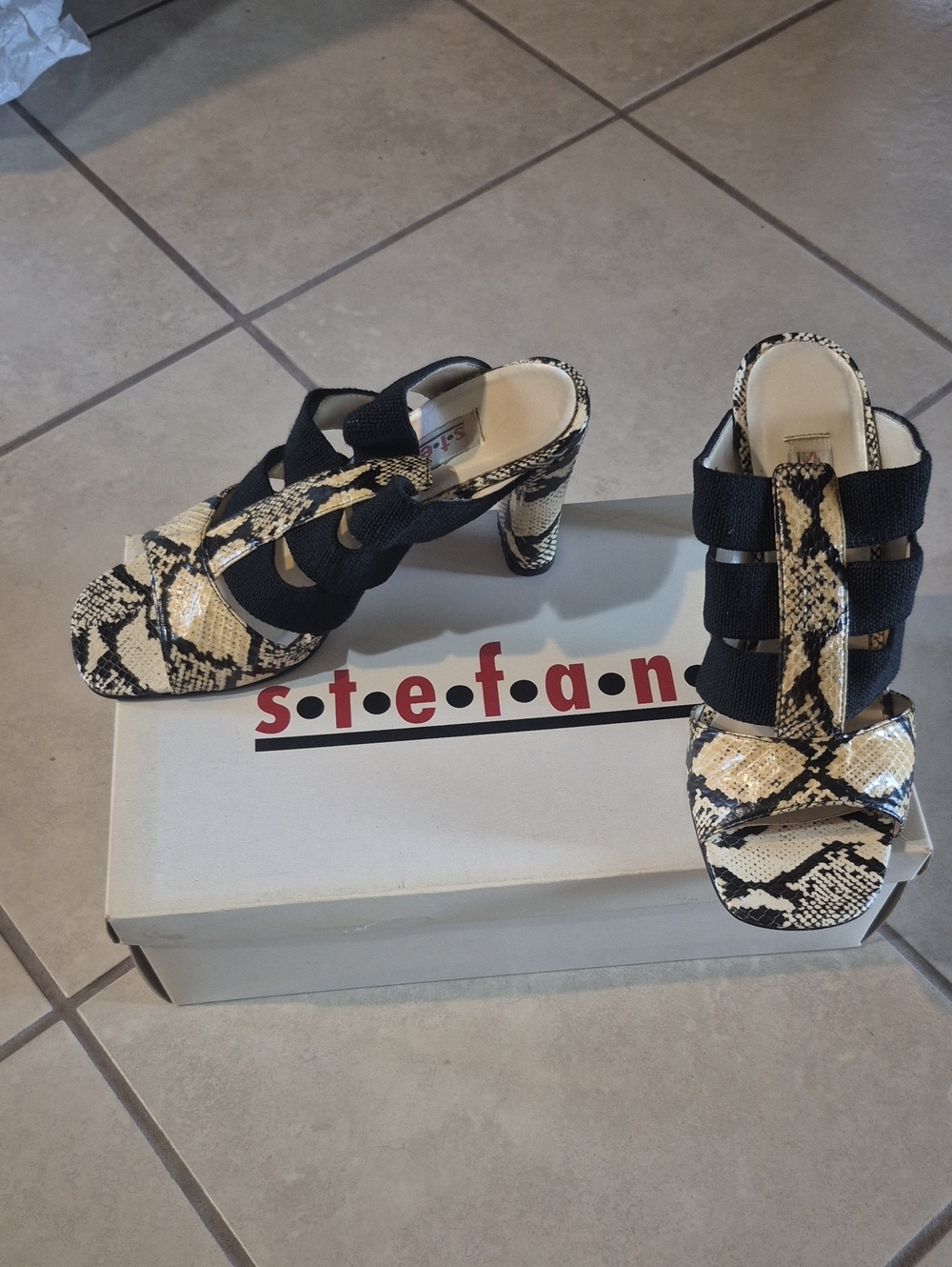 Stefano Snake-Print Block Heel Sandals in Black & Cream
